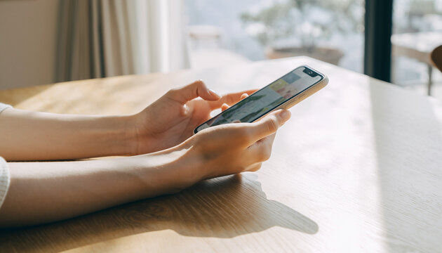 Woman using smartphone indoors with natural light