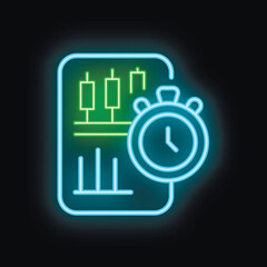 Neon icon showing a stopwatch next to a candlestick chart, representing the importance of time in trading