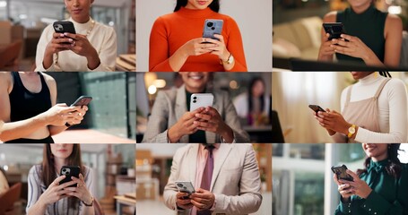 Collage, hands and phone with texting, mobile network and scroll with contact, chat and notification. People, smartphone and click with application, communication or post on social media at workplace