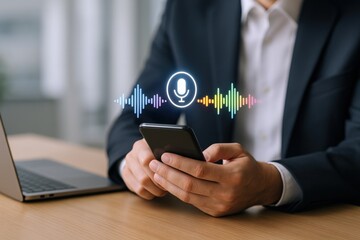 Businessman using voice recognition app on smartphone with graphic microphone and sound waves overlay