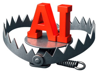 Red AI letters inside a metal bear trap with sharp teeth and a spring mechanism artificial intelligence isolated on a transparent background