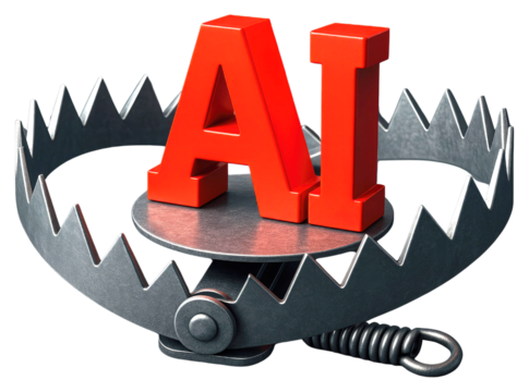 Red AI letters inside a metal bear trap with sharp teeth and a spring mechanism artificial intelligence isolated on a transparent background