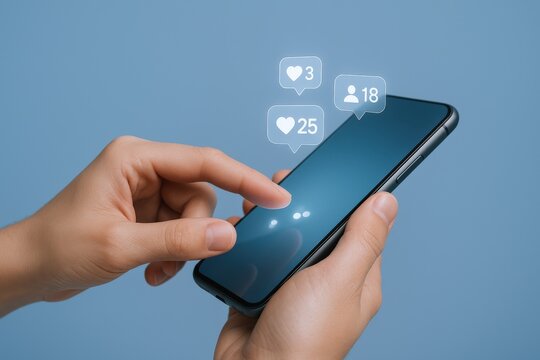 Engaged User Interacting with Social Media Notifications on a Smartphone Against a Solid Blue Background