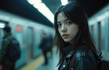 Young asian woman with backpack waits on subway platform. She wears black leather jacket. Other passengers walk in background near train. Urban commuting daily life.