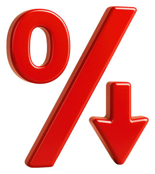 Red percentage symbol with a downward arrow on a white background graphic design isolated on a transparent background