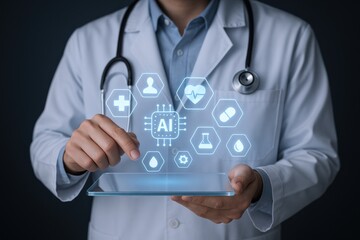 Doctor using AI technology on a digital tablet for medical analysis and diagnosis, showcasing innovation and healthcare solutions