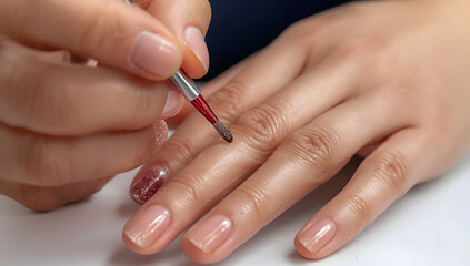 Close-up of hands applying nail polish, focusing on the manicure process.