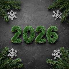 AI image of a 2026 ornament crafted from green pine needles in the center of grey background