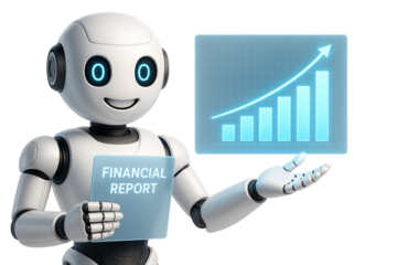 Robot holding financial report and presenting growth chart on a white background android artificial intelligence isolated on a transparent background