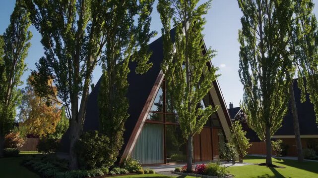 Frame house modern architecture featuring large window, green lawn, tall tree, wooden facade, residential sunlight, peaceful summer garden