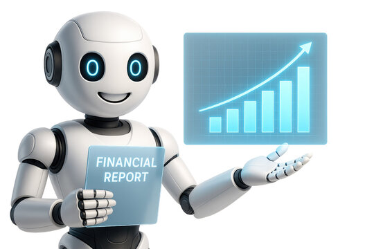 Robot holding financial report and presenting growth chart on a white background android artificial intelligence isolated on a transparent background