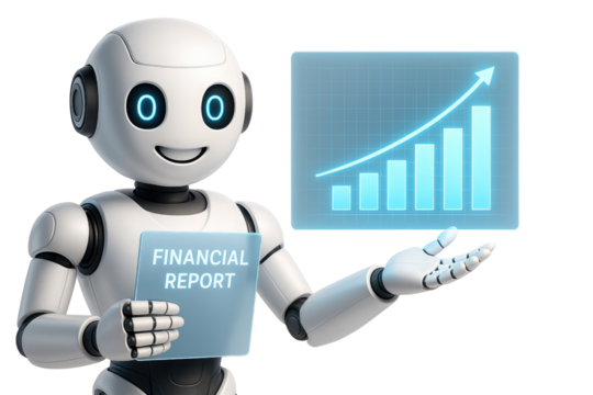 Robot holding financial report and presenting growth chart on a white background android artificial intelligence isolated on a transparent background