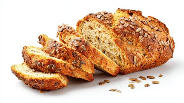 Freshly baked artisan multigrain bread loaf with sunflower seeds on crust, sliced to reveal airy crumb texture, scattered seeds on white surface