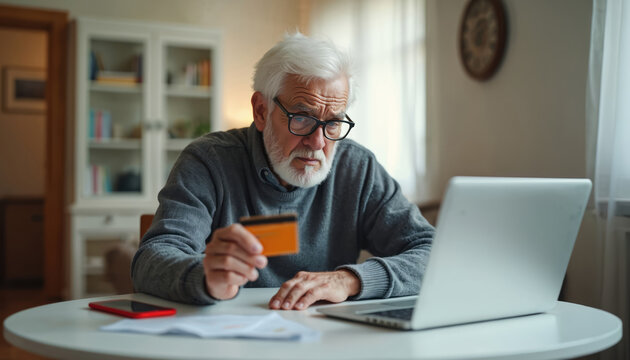 An elderly man uses a credit card to pay online. Senior person looks at laptop screen. He struggles with payment at home. He looks worried and stressed about his online banking. - Powered by Adobe