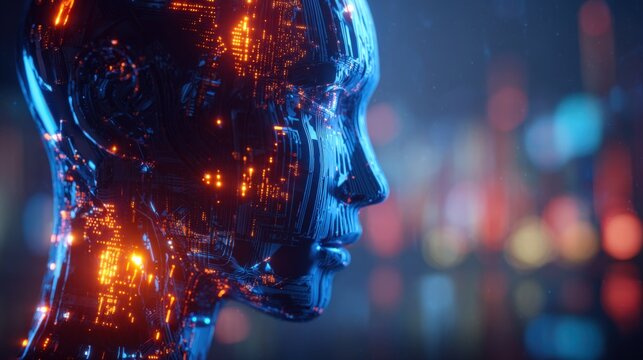 Futuristic AI Humanoid Head with Glowing Details, Representing Artificial Intelligence and Advanced Technology