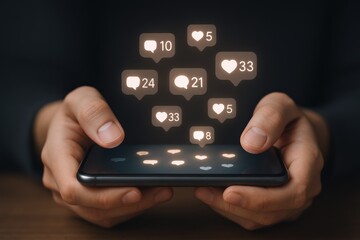Hands Holding Smartphone Displaying Social Media Engagement Icons, Showcasing Communication, Connectivity, and Digital Interaction