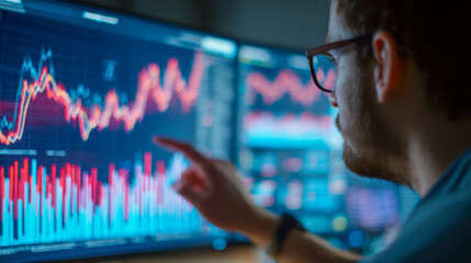 Man analyzing financial data on multiple digital screens with vibrant colorful graphs and charts depicting market trends and economic fluctuations in a modern office