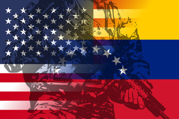 Naklejka premium Overlay of US and Venezuela flags with armed soldier silhouette, symbolising tension, military presence, and potential conflict between the United States and Venezuela