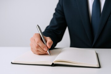 Business Professional Writing in Notebook with Pen, Closeup on Hand in Suit, Isolated on White