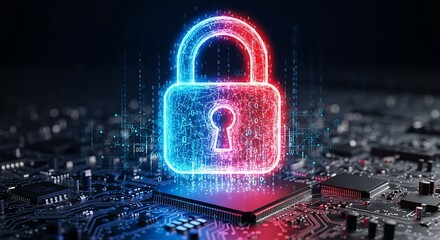 A glowing neon padlock icon symbolizing digital security and data protection, superimposed on a circuit board