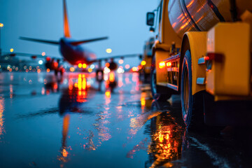 Obraz premium Wet airport tarmac at dusk with reflections of runway lights, blurred airplane in background, and close-up of yellow service vehicle tire and equipment