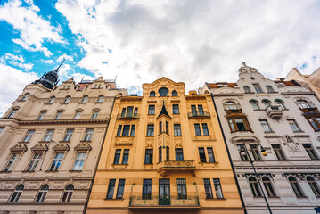 Historical prague apartment facades in closeup view.