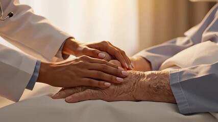 A doctor's hands gently holding the hands of an elderly patient, offering comfort and support.