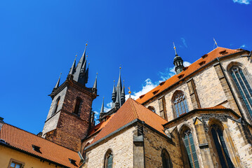 Fototapeta premium Iconic Tyn Church towers dominate Prague skyline.