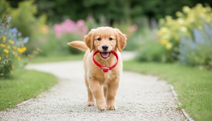Golden retriever puppy playing happily, walking on a gravel path in a lush green garden, carrying a red collar in its mouth, symbolizing themes of pet companionship and playful joy
