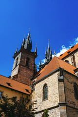 Fototapeta premium Iconic Tyn Church towers dominate Prague skyline.