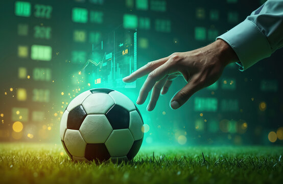 Hand touches soccer ball on grass field near futuristic interface. Digital concept for sport betting or financial prediction analysis in football. Visualization of game tactics - Powered by Adobe