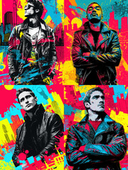 Fototapeta premium Vibrant pop art illustration of confident men in leather jackets with bold colors and urban graphic elements, creating a striking modern street style artwork.