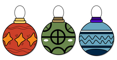 A set of three, flat graphic Christmas ornaments with black outlines, Red with orange stars and wavy, Olive Green with white geometric circles and Blue with white wavy stripes