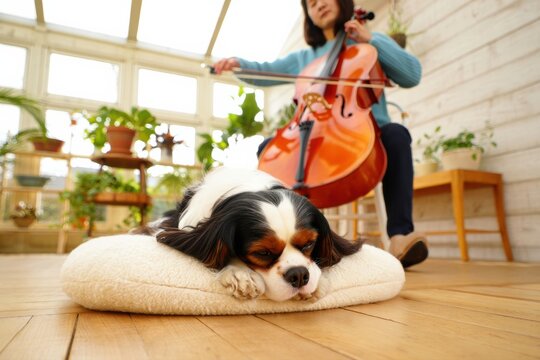 A Serene Moment of Harmony: A Dog Relaxing While Its Owner Plays Beautiful Melodies on a Cello in a Sunlit, Plant-Filled Room