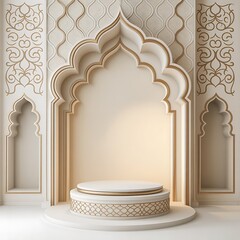 Ornate Islamic Archway with Circular Display Pedestal and Gold Accents stage podium