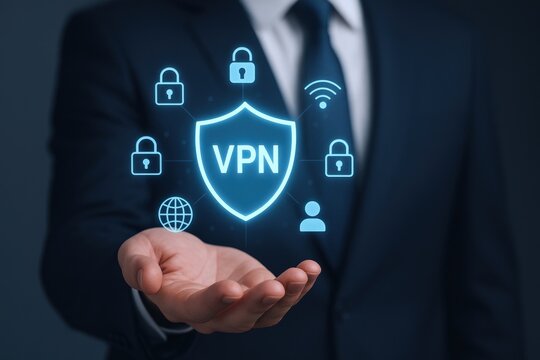 VPN Security Shield in Hand: Protecting Data with Virtual Private Network Technology Concept