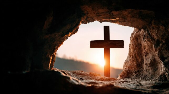 Symbol of Faith: Cross Silhouette Emerging from Cave Against a Sunrise, Representing Hope and Resurrection