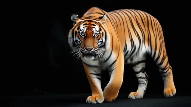 Majestic Tiger on Black Background: A powerful Siberian tiger strides confidently towards the camera, its stripes stark against the black background, captivating with raw strength and majestic beauty.
