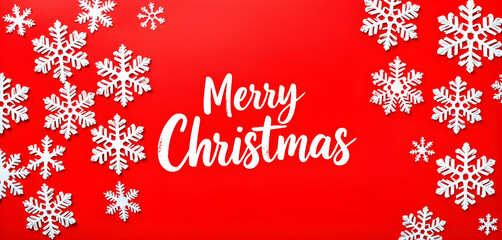 Red vector illustration of a Merry Christmas and Happy New Year greeting card background with winter snow, stars, and snowflakes decoration.