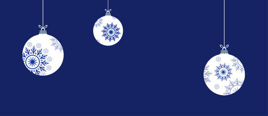 Blue white abstract christmas banner design with snowflake, baubles vector illustration. Winter holidays card design to use for merry christmas cards, winter banner advertising, holiday greetings. 
