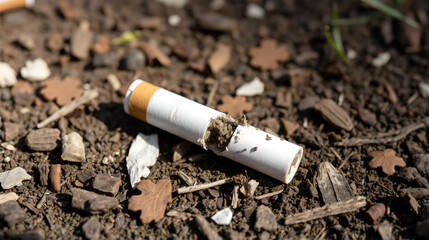 A cigarette butt carelessly thrown away creating litter and a hazard for wildlife