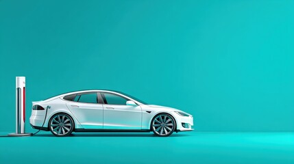 Electric Car Charging at Station: Modern Vehicle, Sustainable Transportation, Automotive Technology, Clean Energy