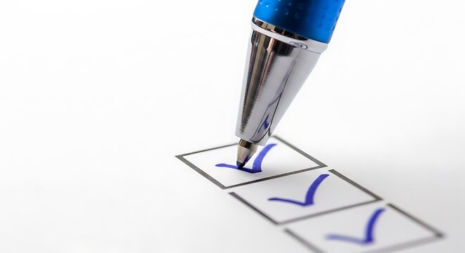 Closeup of a blue pen marking a checkmark in a checkbox on white paper, isolated on white background
