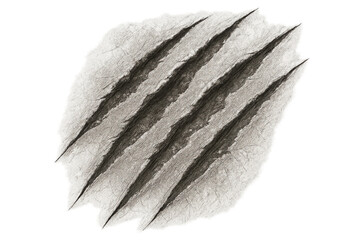 Wild animal claw marks creating deep scratches and tears on damaged paper surface with transparent background