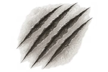 Wild animal claw marks creating deep scratches and tears on damaged paper surface with transparent background