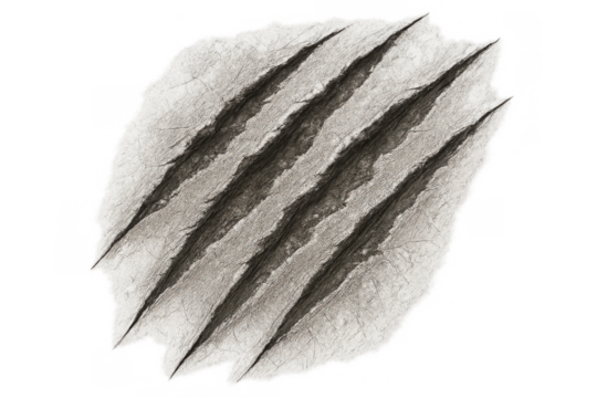 Wild animal claw marks creating deep scratches and tears on damaged paper surface with transparent background