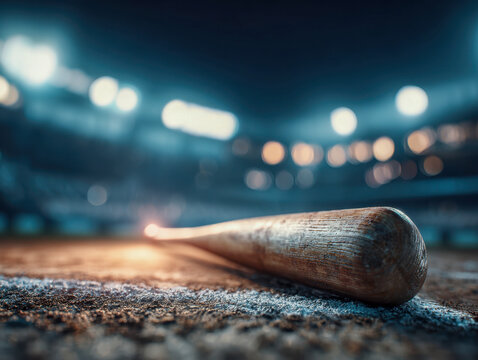 Wooden baseball bat resting on the dirt field under bright stadium lights during an evening sports game with blurred spectators in the background