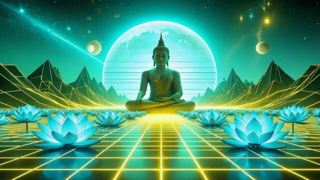 Buddha statue meditating with glowing lotus with neon grid and retrofuturistic mountains.