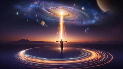 Human figure with outstretched arms connecting to a glowing spiral galaxy in a vast cosmic landscape. - Powered by Adobe