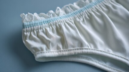 Close-up of white ruffled fabric with blue trim details on light blue background